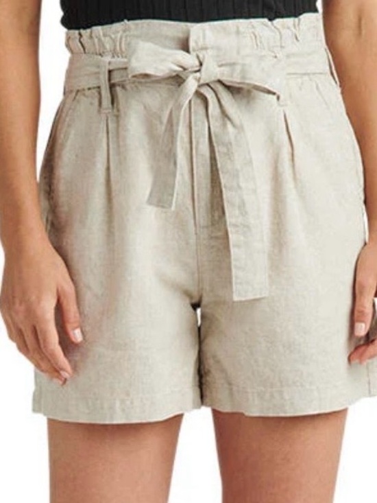 Jag Pants - Jag High Rise Belted Pleat Paper Bag Short In Oatmeal Women’s 14 Linen Cotton